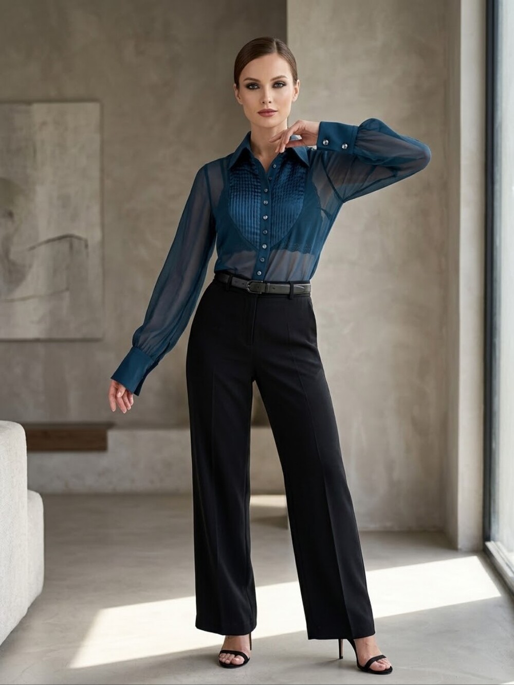 Rare Kor@Kor Sheer Dark Turquoise Satin Pleated Bib Button Down Blouse